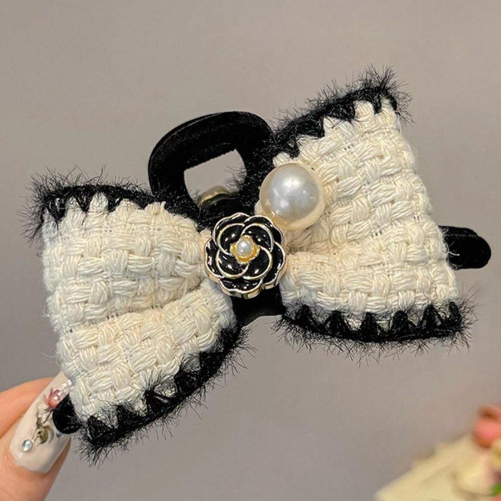 Black Camellia Designer Hair Clip W/ Pearl Detail